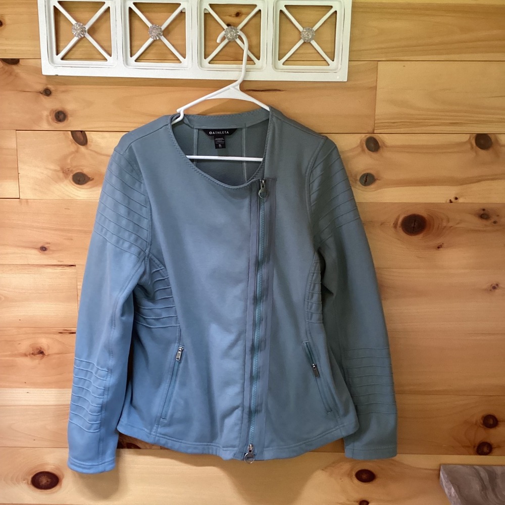 Athleta Moto Jacket XL Blue Green Fleece Asymmetrical Zip Ribbed Biker Jacket